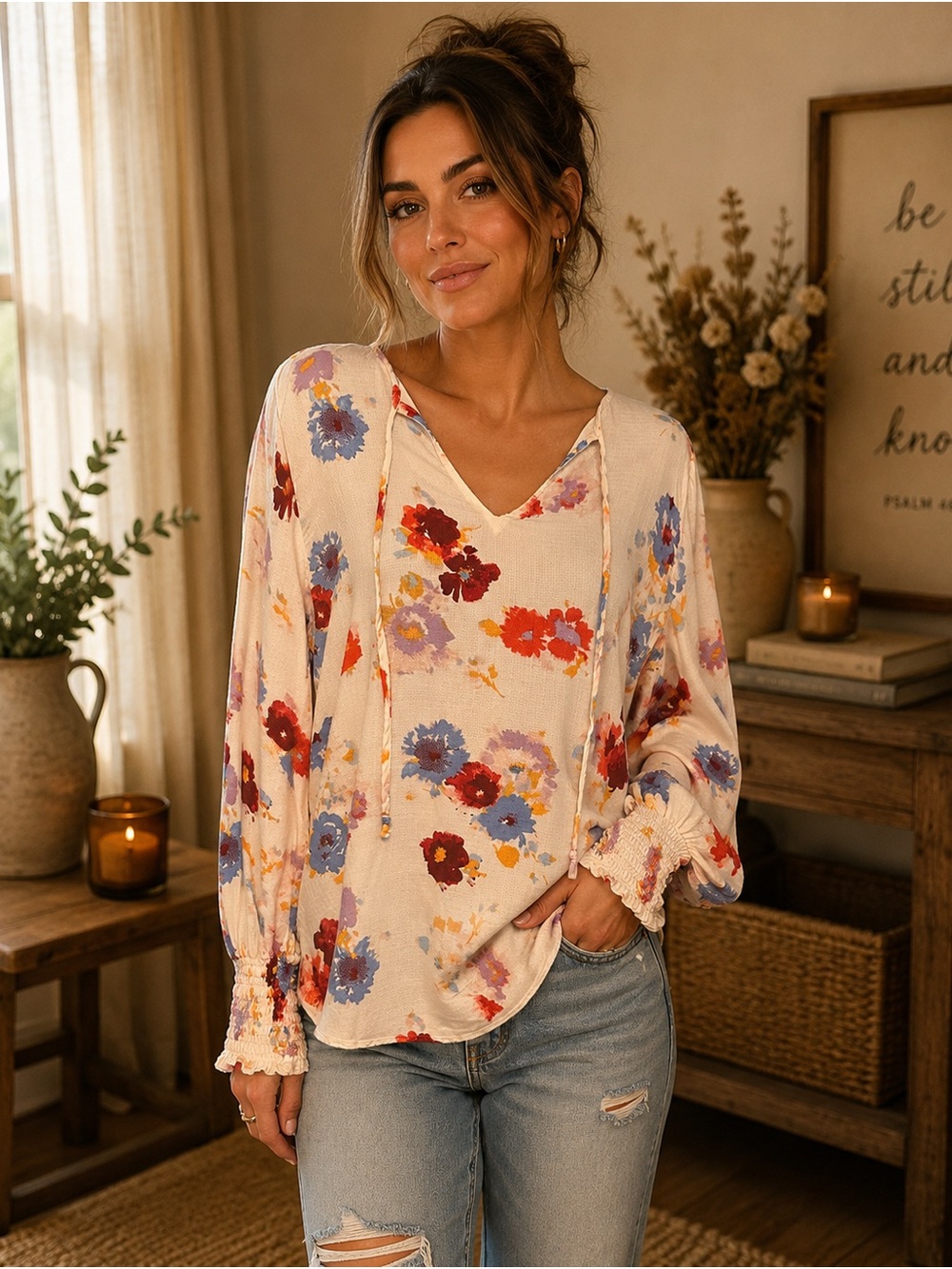 Lucky Brand Floral Boho Peasant Blouse Women’s Medium Ivory Long Sleeve